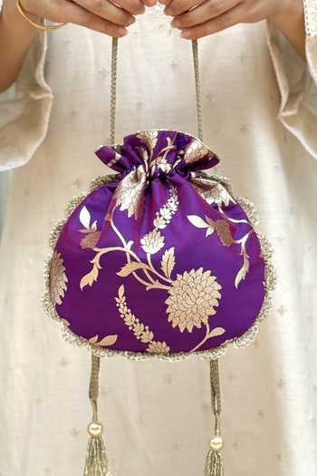 Shop_AMYRA_Purple Beads, Pearls, Zari, Tassels, Lace Satrangi Banarasi Woven Potli _at_Aza_Fashions