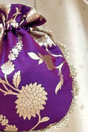 Buy_AMYRA_Purple Beads, Pearls, Zari, Tassels, Lace Satrangi Banarasi Woven Potli _Online_at_Aza_Fashions
