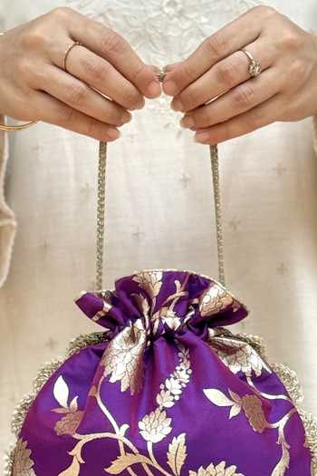 Shop_AMYRA_Purple Beads, Pearls, Zari, Tassels, Lace Satrangi Banarasi Woven Potli _Online_at_Aza_Fashions