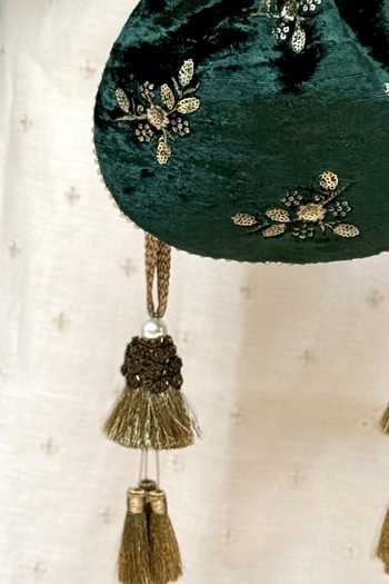 AMYRA_Green Embroidery, Beads, Tassels Ras Velvet Potli _Online_at_Aza_Fashions