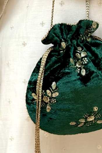 Buy_AMYRA_Green Embroidery, Beads, Tassels Ras Velvet Potli _Online_at_Aza_Fashions
