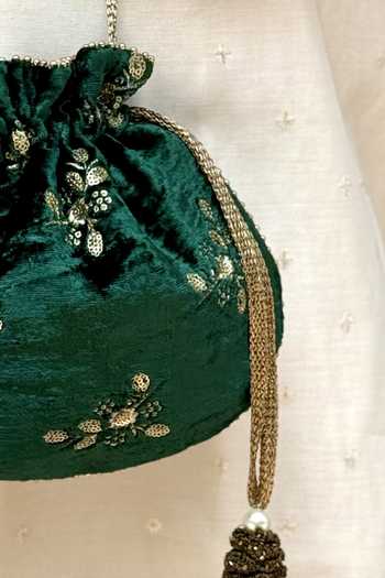 Shop_AMYRA_Green Embroidery, Beads, Tassels Ras Velvet Potli _Online_at_Aza_Fashions
