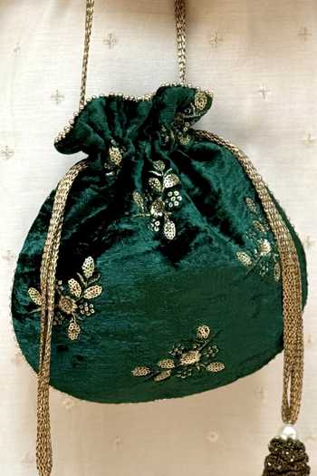 Shop_AMYRA_Green Embroidery, Beads, Tassels Ras Velvet Potli _at_Aza_Fashions