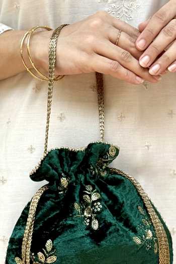 AMYRA_Green Embroidery, Beads, Tassels Ras Velvet Potli _at_Aza_Fashions