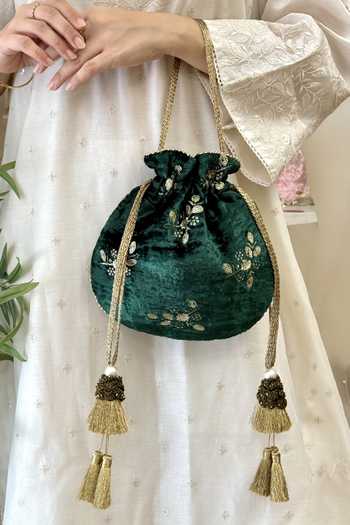 AMYRA_Green Embroidery, Beads, Tassels Ras Velvet Potli _Online