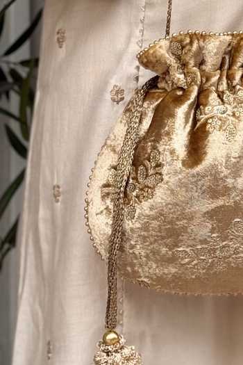 AMYRA_Gold Embroidery, Beads, Tassels, Metallic Thread Ras Velvet Potli _Online_at_Aza_Fashions
