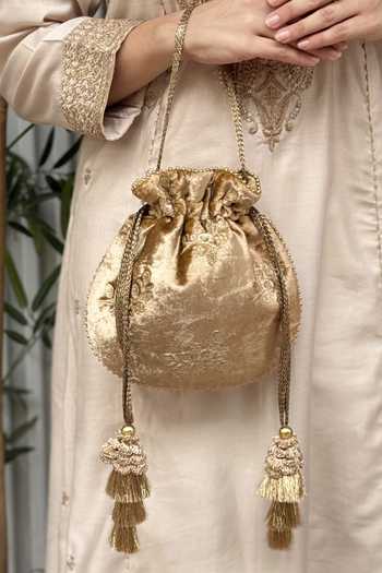 Shop_AMYRA_Gold Embroidery, Beads, Tassels, Metallic Thread Ras Velvet Potli _Online_at_Aza_Fashions
