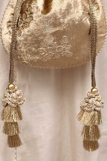 AMYRA_Gold Embroidery, Beads, Tassels, Metallic Thread Ras Velvet Potli _at_Aza_Fashions