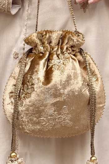 Shop_AMYRA_Gold Embroidery, Beads, Tassels, Metallic Thread Ras Velvet Potli _at_Aza_Fashions