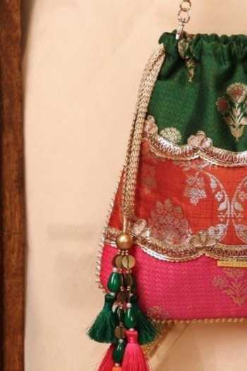 Buy_AMYRA_Multi Color Beads, Zari, Tassels, Bahaar Scallop Embellished Pure Silk Potli _Online_at_Aza_Fashions