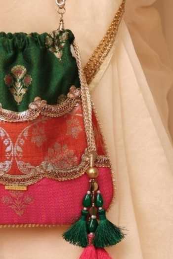 Shop_AMYRA_Multi Color Beads, Zari, Tassels, Bahaar Scallop Embellished Pure Silk Potli _Online_at_Aza_Fashions