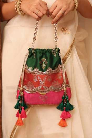 Buy_AMYRA_Multi Color Beads, Zari, Tassels, Bahaar Scallop Embellished Pure Silk Potli _at_Aza_Fashions