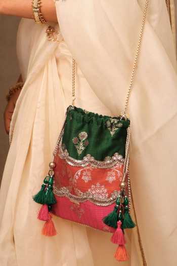 AMYRA_Multi Color Beads, Zari, Tassels, Bahaar Scallop Embellished Pure Silk Potli _Online_at_Aza_Fashions