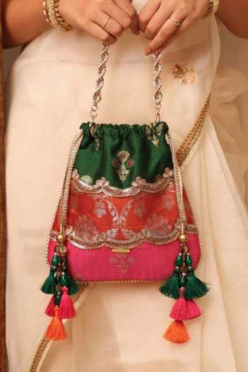 Shop_AMYRA_Multi Color Beads, Zari, Tassels, Bahaar Scallop Embellished Pure Silk Potli 