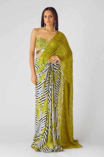 Shop_Basanti Kapde aur Koffee_Green Crepe Sequins, Lace Sweetheart Neck Floral Stripe Pre-draped Saree Set _at_Aza_Fashions