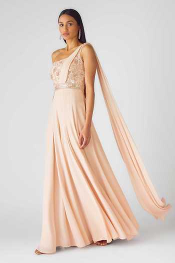 Shop_Basanti Kapde aur Koffee_Peach Georgette Sequins, Pearls One Shoulder Jumpsuit With Trail _at_Aza_Fashions