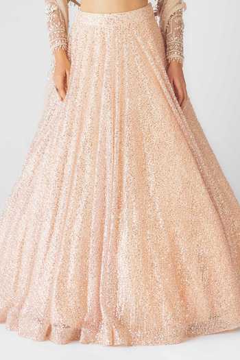 Shop_Basanti Kapde aur Koffee_Peach Net Sequins, Pearls, Cut Work Celestial Dream Lehenga Set _at_Aza_Fashions