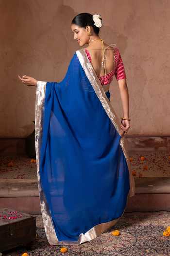 Shop_Zal From Benaras_Blue Georgette Gota Border Saree With Unstitched Blouse Fabric _at_Aza_Fashions