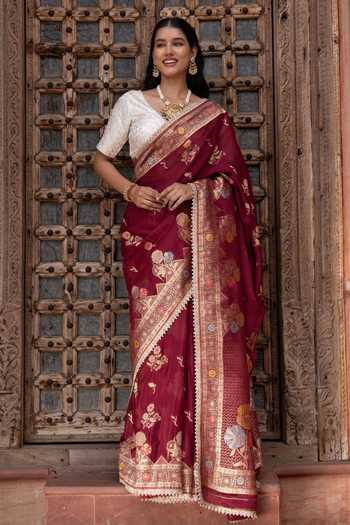 Buy_Zal From Benaras_Maroon Chiffon Handloom Saree With Unstitched Blouse Fabric _at_Aza_Fashions