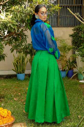 Shop_Chambray & Co._Blue Silk, Cotton, Organza, Chanderi Amelia Patchwork Shirt And Pleated Skirt Set _at_Aza_Fashions