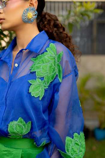 Chambray & Co._Blue Silk, Cotton, Organza, Chanderi Amelia Patchwork Shirt And Pleated Skirt Set _at_Aza_Fashions