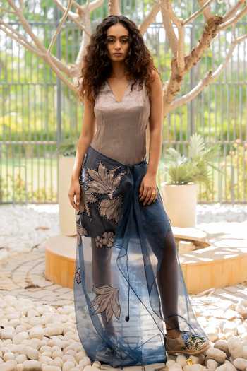 Buy_Chambray & Co._Blue , Cotton, Organza, Riva Bodycon Dress And Embroidered Skirt Set _at_Aza_Fashions