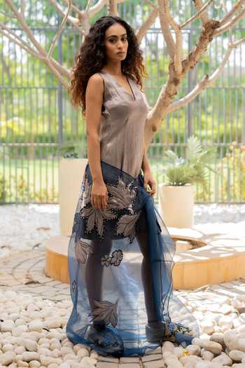 Shop_Chambray & Co._Blue , Cotton, Organza, Riva Bodycon Dress And Embroidered Skirt Set _Online_at_Aza_Fashions
