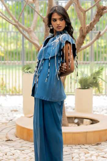 Chambray & Co._Blue Silk, Cotton, Chanderi High Neck, Round Raya Embroidered Cape And Pant Set _Online_at_Aza_Fashions