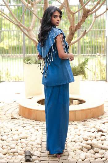 Buy_Chambray & Co._Blue Silk, Cotton, Chanderi High Neck, Round Raya Embroidered Cape And Pant Set _Online_at_Aza_Fashions