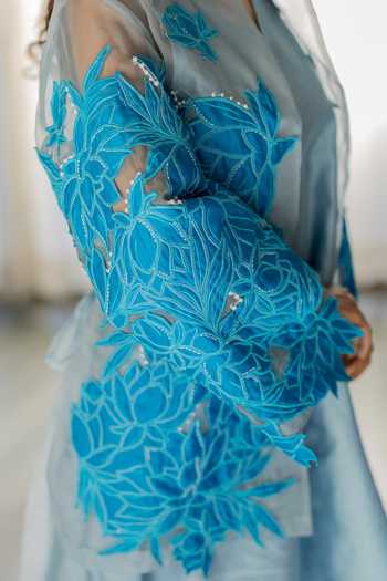 Buy_Chambray & Co._Sky Blue Silk, Organza, Chanderi Collared Alia Patchwork Jacket And Dress Set _Online_at_Aza_Fashions