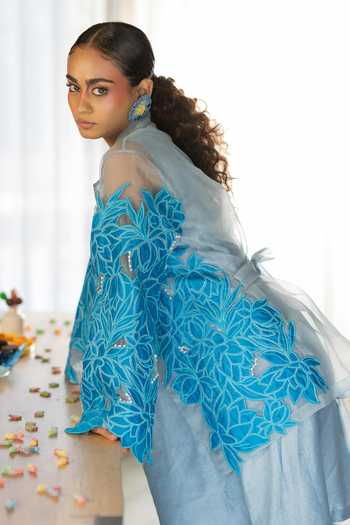 Shop_Chambray & Co._Sky Blue Silk, Organza, Chanderi Collared Alia Patchwork Jacket And Dress Set _Online_at_Aza_Fashions