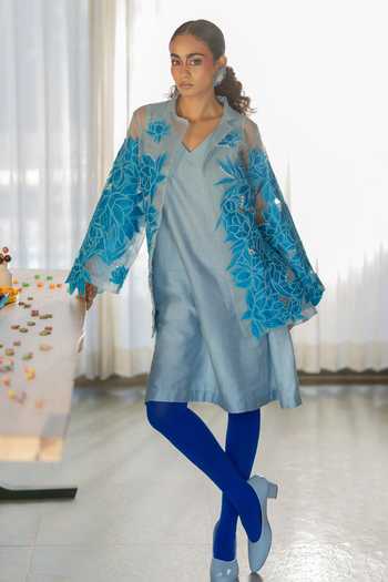 Buy_Chambray & Co._Sky Blue Silk, Organza, Chanderi Collared Alia Patchwork Jacket And Dress Set _at_Aza_Fashions