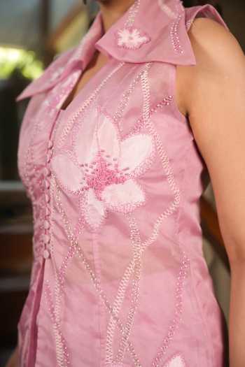 Chambray & Co._Pink Silk Organza, Chanderi, Cotton V-neck Lucy Embroidered Blazer And Pant Set _Online_at_Aza_Fashions