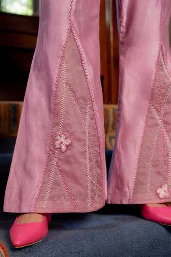 Buy_Chambray & Co._Pink Silk Organza, Chanderi, Cotton V-neck Lucy Embroidered Blazer And Pant Set 