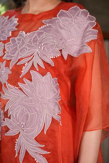 Chambray & Co._Orange Silk, Cotton, Organza, Chanderi Round Neck Hana Embroidered Kaftan Set _Online_at_Aza_Fashions