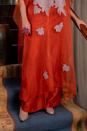 Buy_Chambray & Co._Orange Silk, Cotton, Organza, Chanderi Round Neck Hana Embroidered Kaftan Set _Online_at_Aza_Fashions