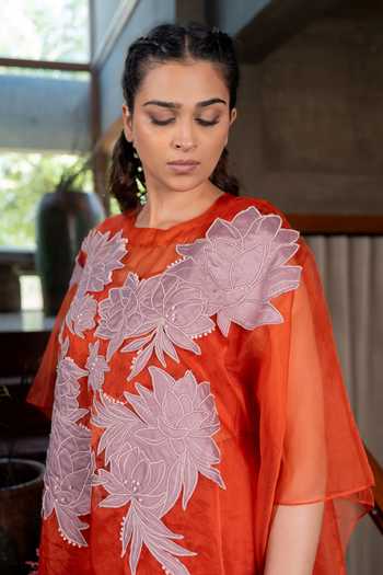 Shop_Chambray & Co._Orange Silk, Cotton, Organza, Chanderi Round Neck Hana Embroidered Kaftan Set _Online_at_Aza_Fashions