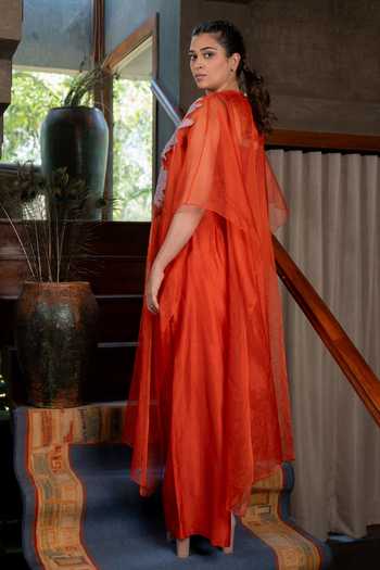 Shop_Chambray & Co._Orange Silk, Cotton, Organza, Chanderi Round Neck Hana Embroidered Kaftan Set _at_Aza_Fashions