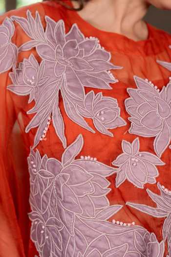 Chambray & Co._Orange Silk, Cotton, Organza, Chanderi Round Neck Hana Embroidered Kaftan Set _at_Aza_Fashions