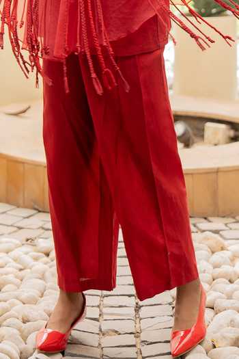 Chambray & Co._Red Silk, Chanderi, Organza V-, Round Raha Tassel Cape And Pant Set _Online_at_Aza_Fashions