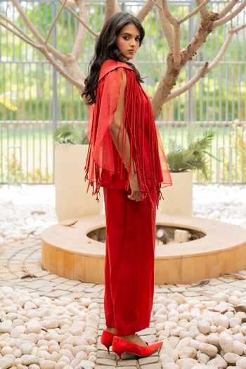 Buy_Chambray & Co._Red Silk, Chanderi, Organza V-, Round Raha Tassel Cape And Pant Set _Online_at_Aza_Fashions