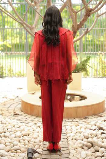 Shop_Chambray & Co._Red Silk, Chanderi, Organza V-, Round Raha Tassel Cape And Pant Set _at_Aza_Fashions