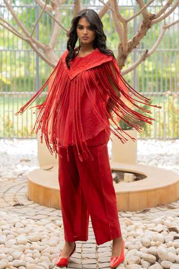 Shop_Chambray & Co._Red Silk, Chanderi, Organza V-, Round Raha Tassel Cape And Pant Set _Online_at_Aza_Fashions