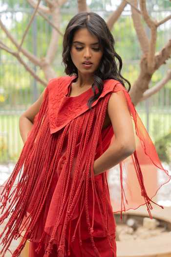 Chambray & Co._Red Silk, Chanderi, Organza V-, Round Raha Tassel Cape And Pant Set _at_Aza_Fashions