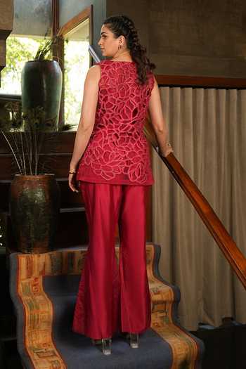 Shop_Chambray & Co._Red Chanderi, Silk Organza Open Carla Cutwork Embroidered Jacket And Pant Set _at_Aza_Fashions