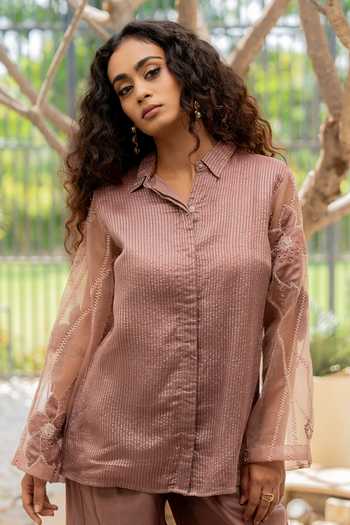 Chambray & Co._Purple Silk, Organza, , Chloe Embroidered Shirt And Pant Set _at_Aza_Fashions