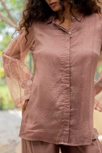 Buy_Chambray & Co._Purple Silk, Organza, , Chloe Embroidered Shirt And Pant Set 
