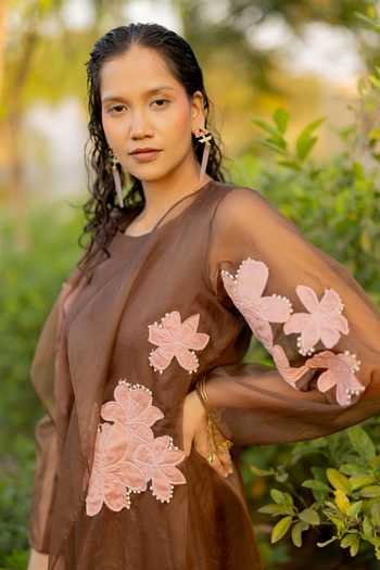 Chambray & Co._Brown , , Linen, Open Tes Patchwork Jacket And Dress Set _Online_at_Aza_Fashions