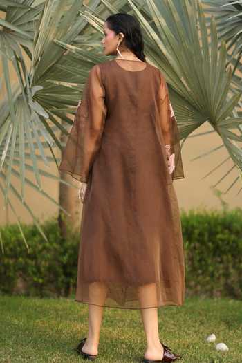 Shop_Chambray & Co._Brown , , Linen, Open Tes Patchwork Jacket And Dress Set _at_Aza_Fashions
