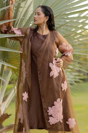 Shop_Chambray & Co._Brown , , Linen, Open Tes Patchwork Jacket And Dress Set _Online_at_Aza_Fashions
